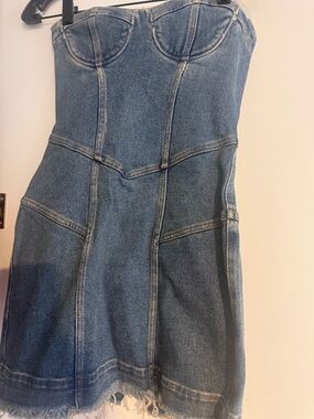 Retrofete Blue Strapless Denim Mini Dress
